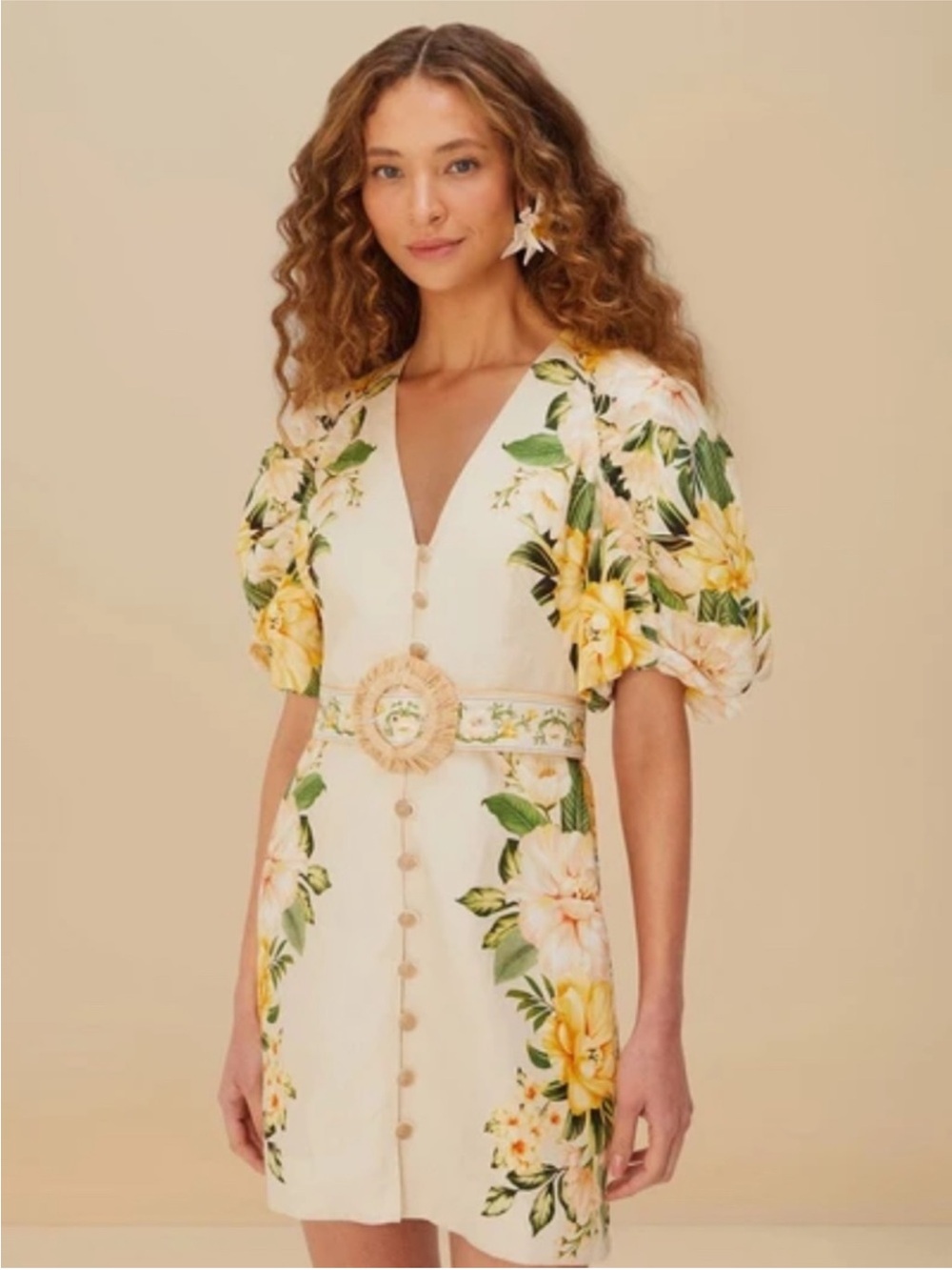 NEW Farm Rio Garden Cascade Sand Puff-Sleeve Mini Dress in Yellow floral medium